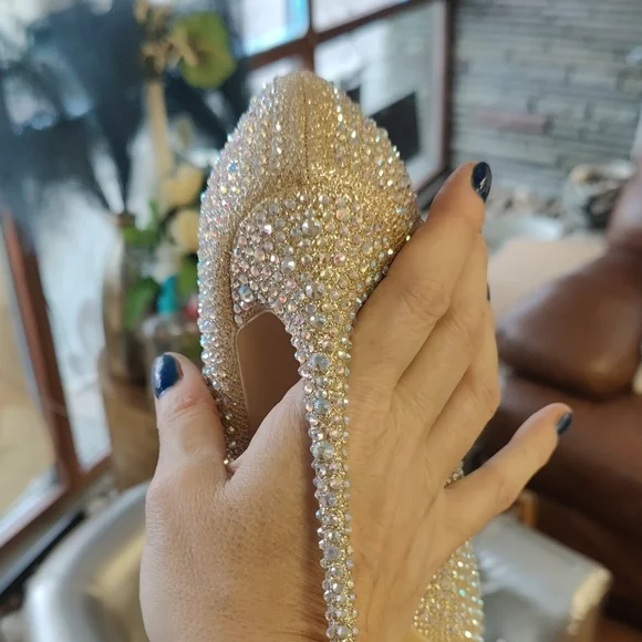 Crystal Embellished Ivory Pointed-Toe Stiletto Pumps - Picture 4 of 9